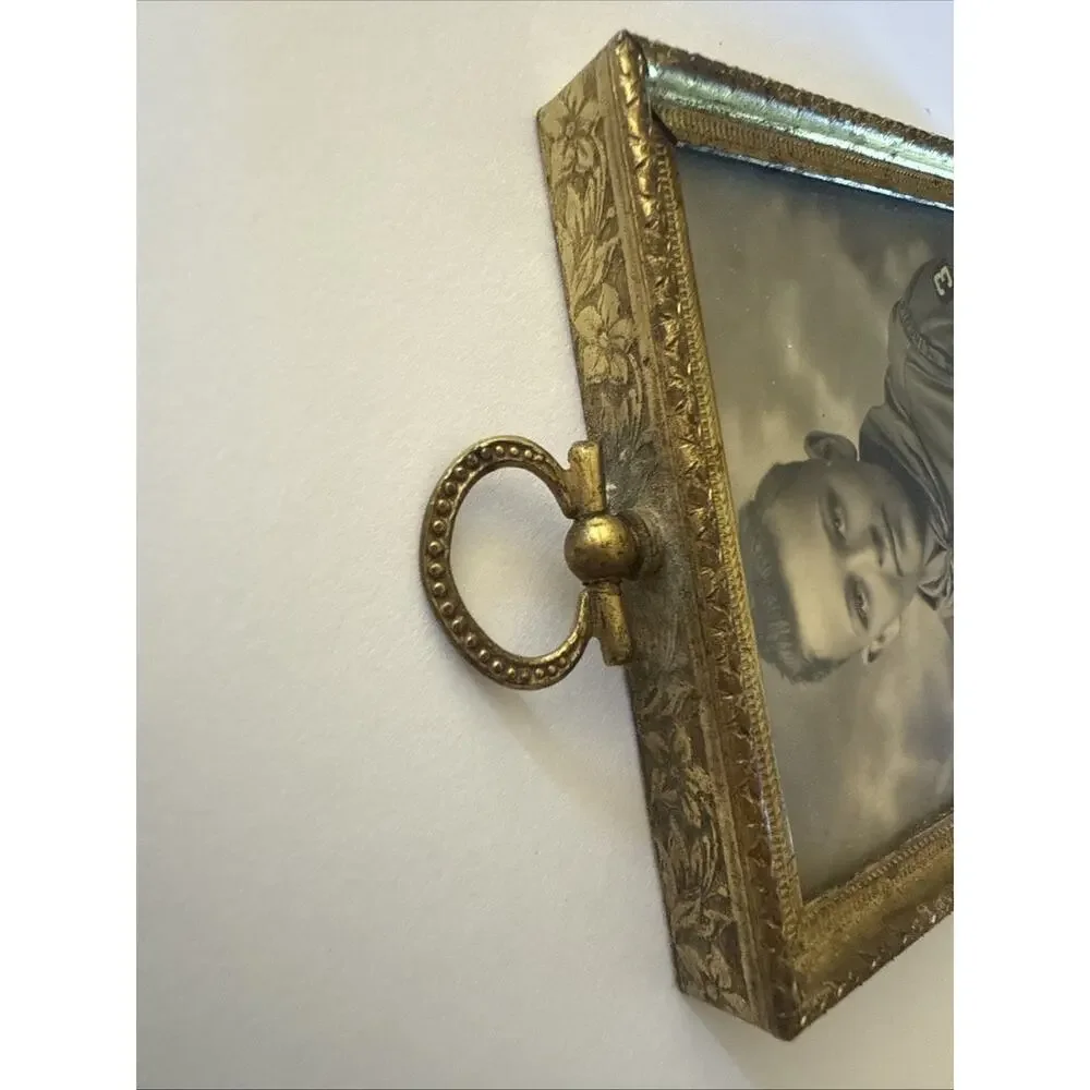 Vintage Ornate Brass Mini Picture Frame Boy Scout Photo 4.5x3.5” Hanging
